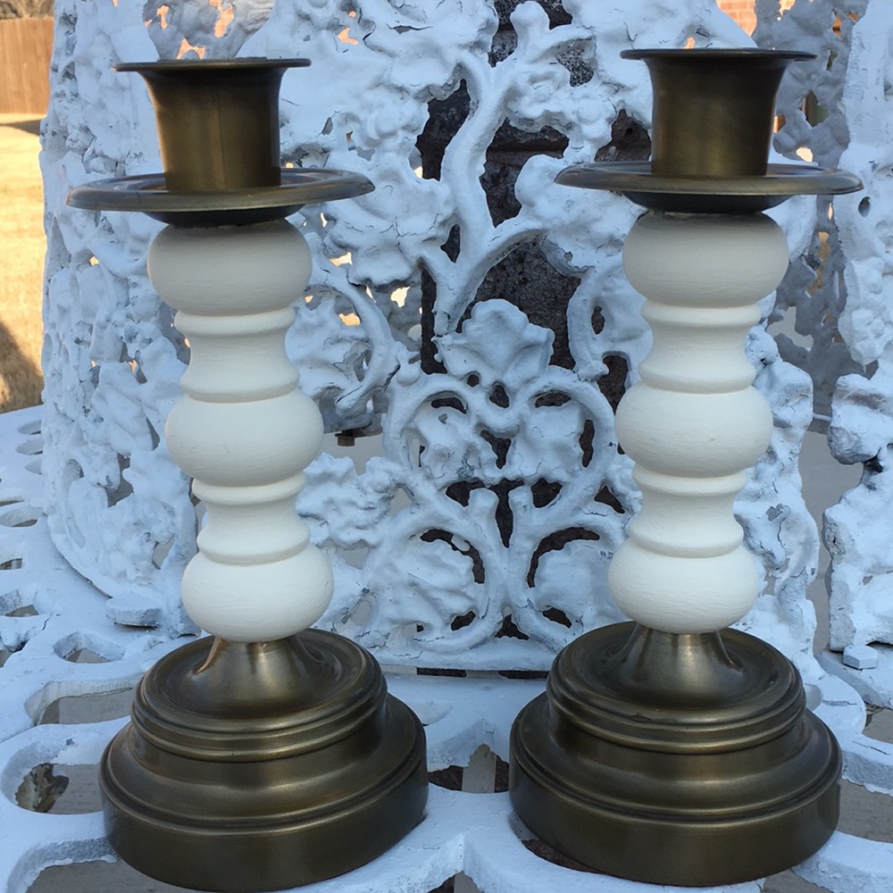 Homco brass and wood candlestick holders